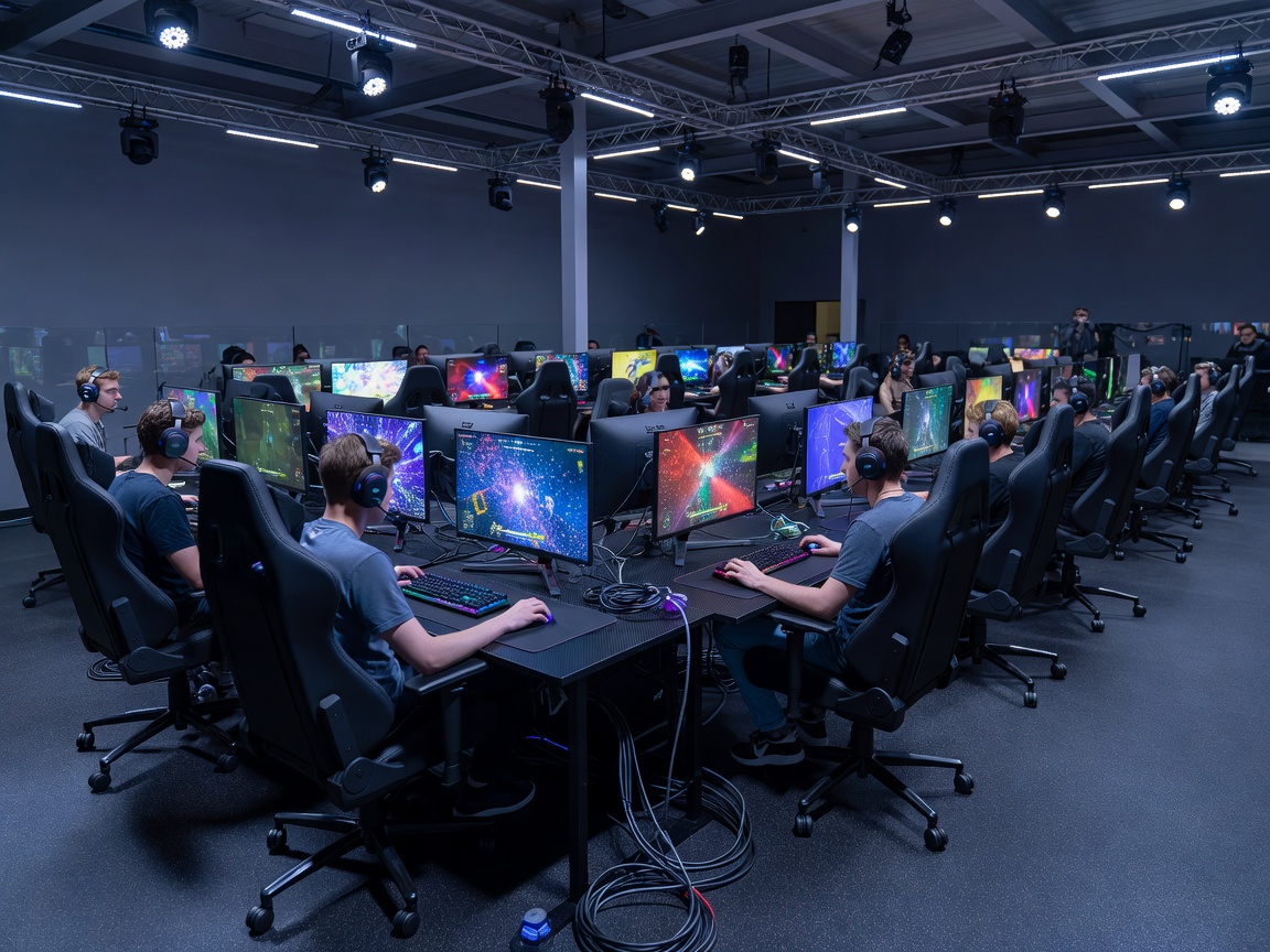 Esports-turnauksen näyttämö ja pelaajatietokoneet