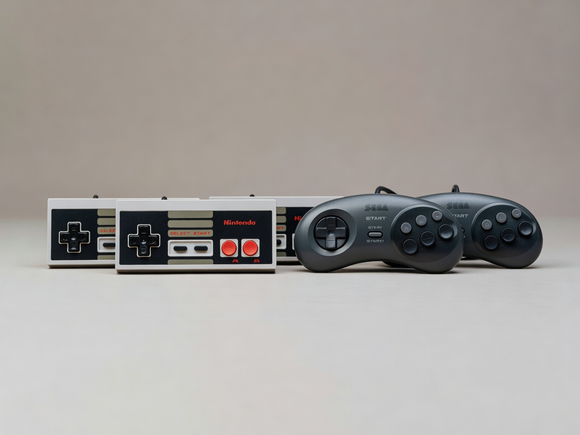 Klassisen Nintendo NES ja Sega Mega Drive aikakauden peliohjaimia